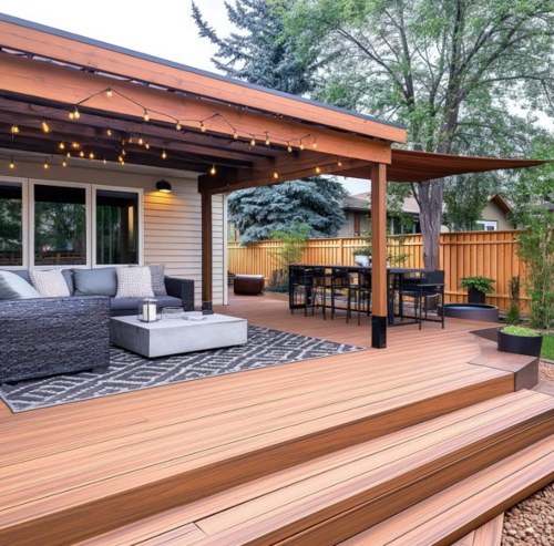 Dixon Painting's deck work in Atlanta, GA, with fairy lights on a house patio