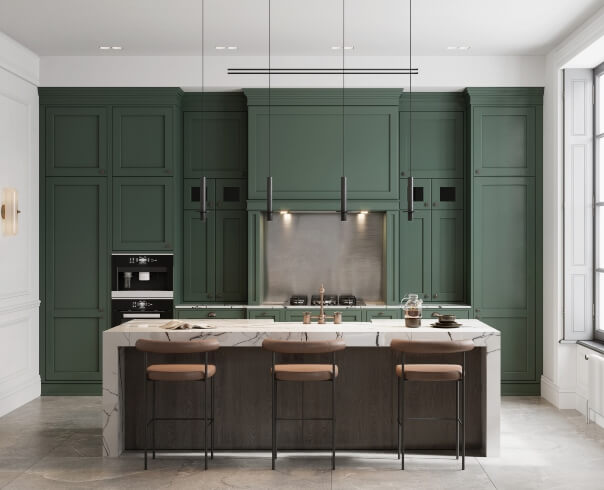Olive green kitchen cabinets and marble island in an Atlanta home - Dixon Painting